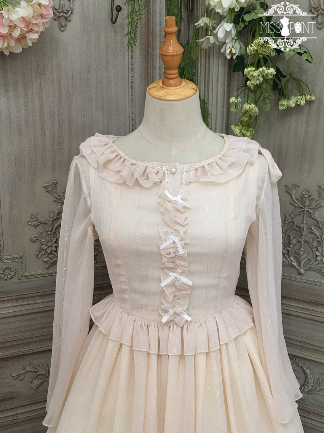 Rhine riverside lolita cardigan detail showing delicate ruffled collar construction, dimensional shoulder ruffles, and fine chiffon fabric texture typical of authentic lolita fashion pieces