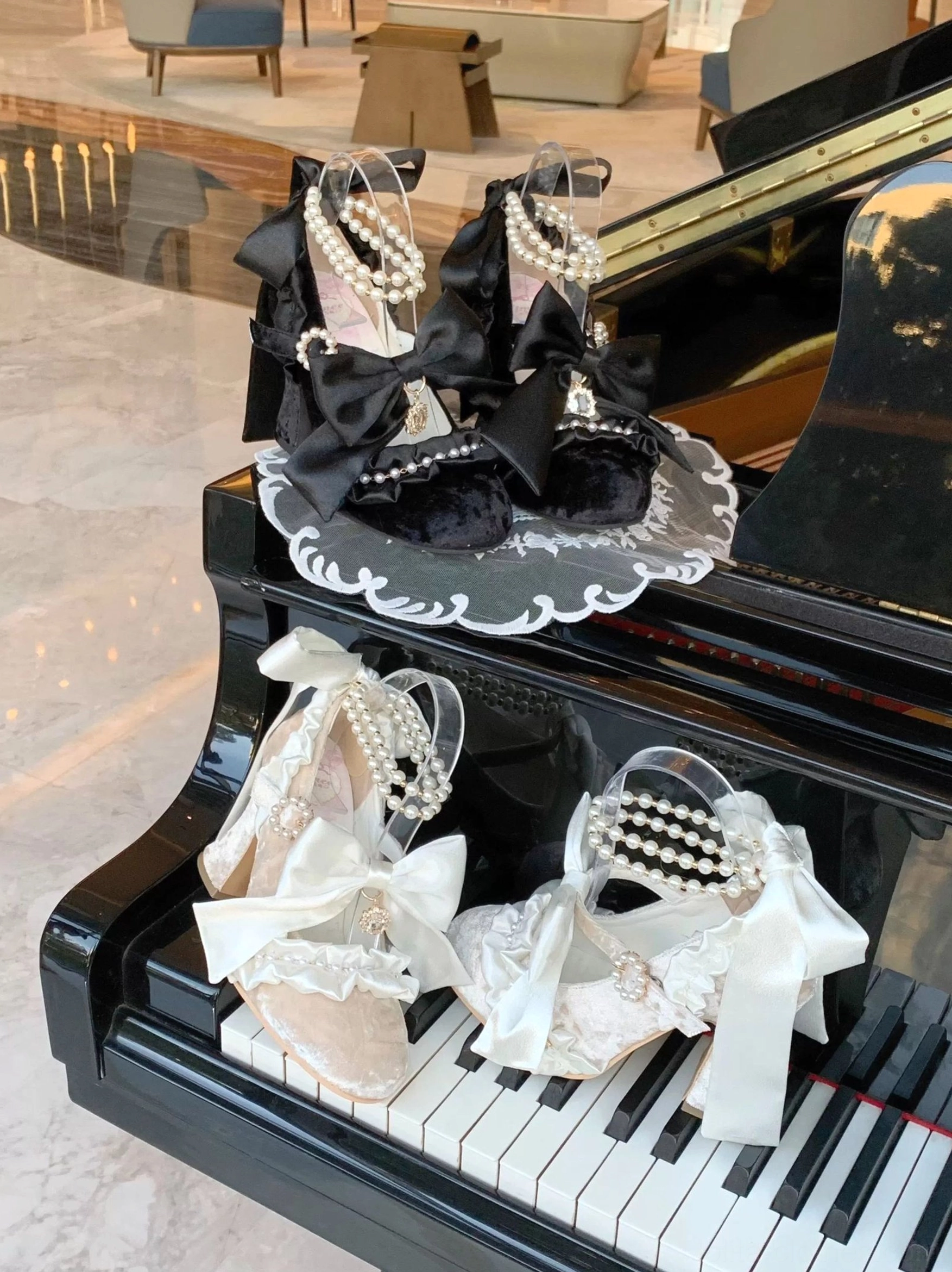 Ribbon Anthem Classic Lolita block heel shoes showing jacquard satin upper material with luxurious soft shine and elegant proportions for refined Lolita coordinates