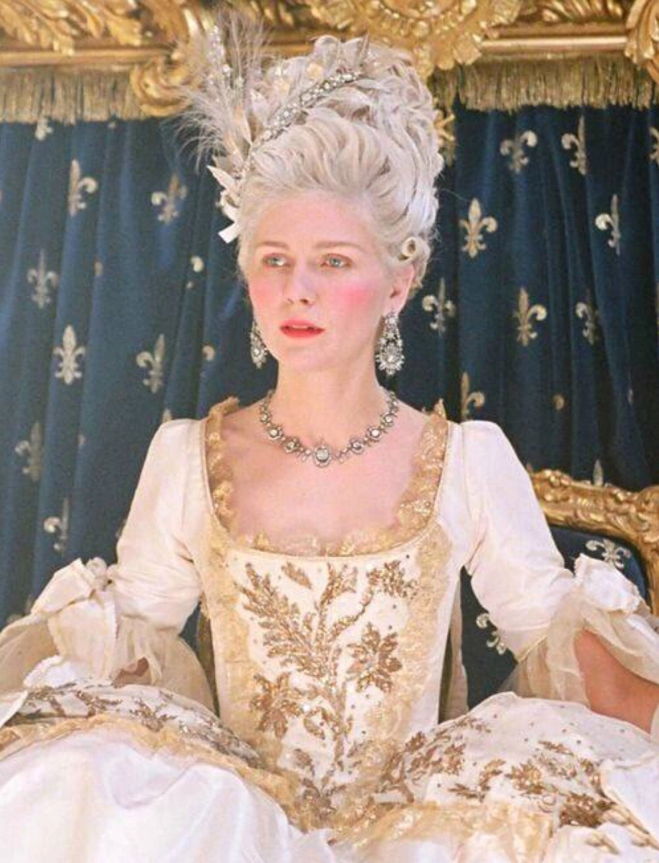 Rococo noble lady wearing ornate royal gown in royal chamber with fleur-de-lis patterned curtains, styled with delicate silver diamond choker necklace and elaborate high updo hairstyle in baroque vintage royal aesthetic