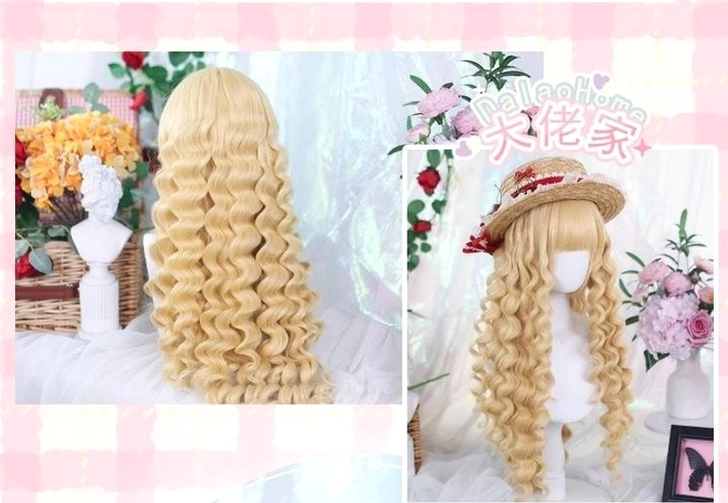 Lolita Roman curl wig full back view and front view with straw hat on mannequin head vintage floral ornaments background styling showcase