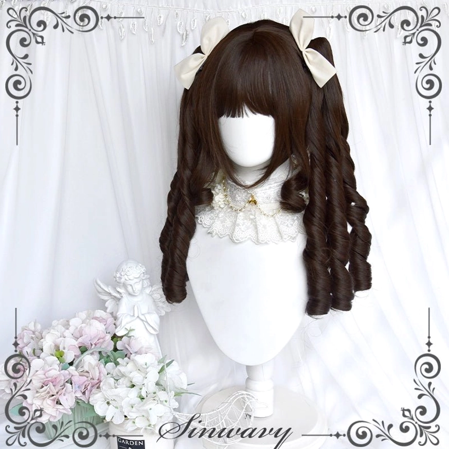 Dark brown roman curly lolita wig ponytail pair showing authentic spiral ringlet texture and handmade construction details