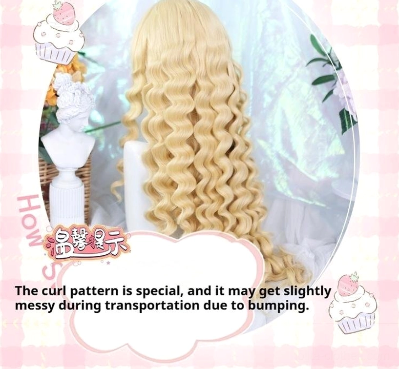 Rear close-up view of golden blonde Roman curl wig showing partial back with thick spiral curls pink gingham pattern cute dessert decorations