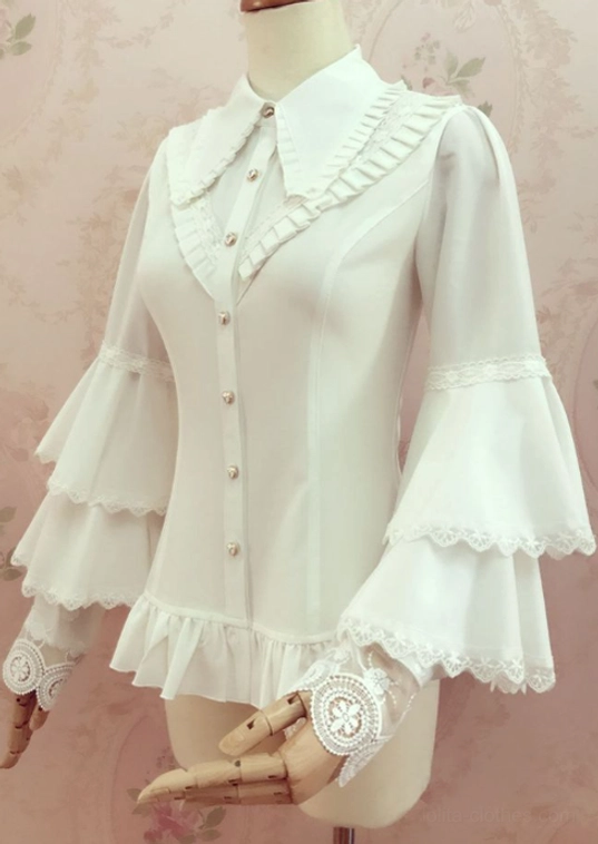 Romantic lolita blouse white direct front close-up pleated collar layered bell sleeves round pearl buttons fitted waist design