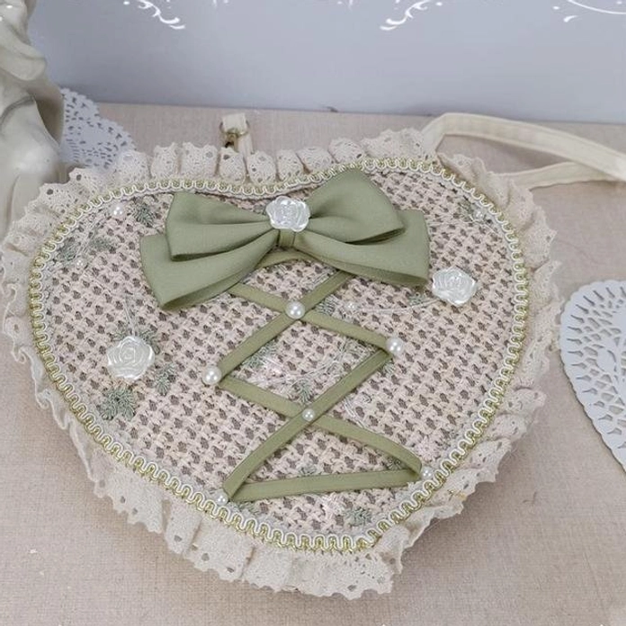 Romantic Sweet Lolita heart crossbody bag with ruffled lace trim green bow pearl ornaments and long shoulder strap