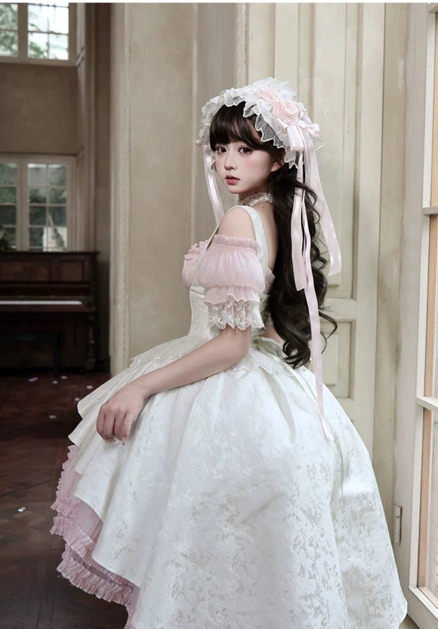 Gothic Lolita boned bust-supporting JSK dress showing detailed jacquard fabric texture and construction with high-low ruffled hemline contrast details