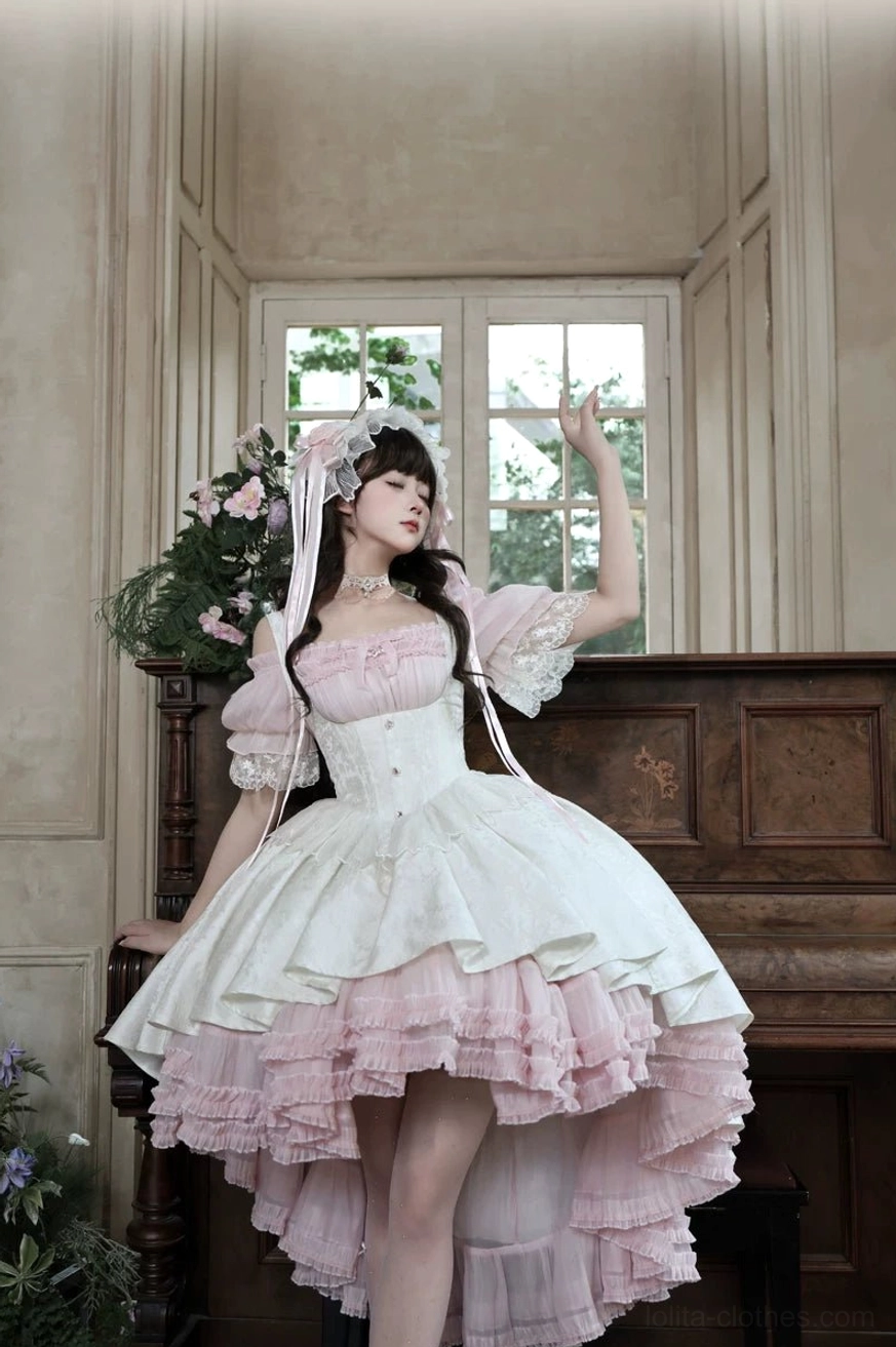 Gothic Lolita boned JSK dress photography tips showing optimal angles and lighting for capturing high-low ruffled hemline details