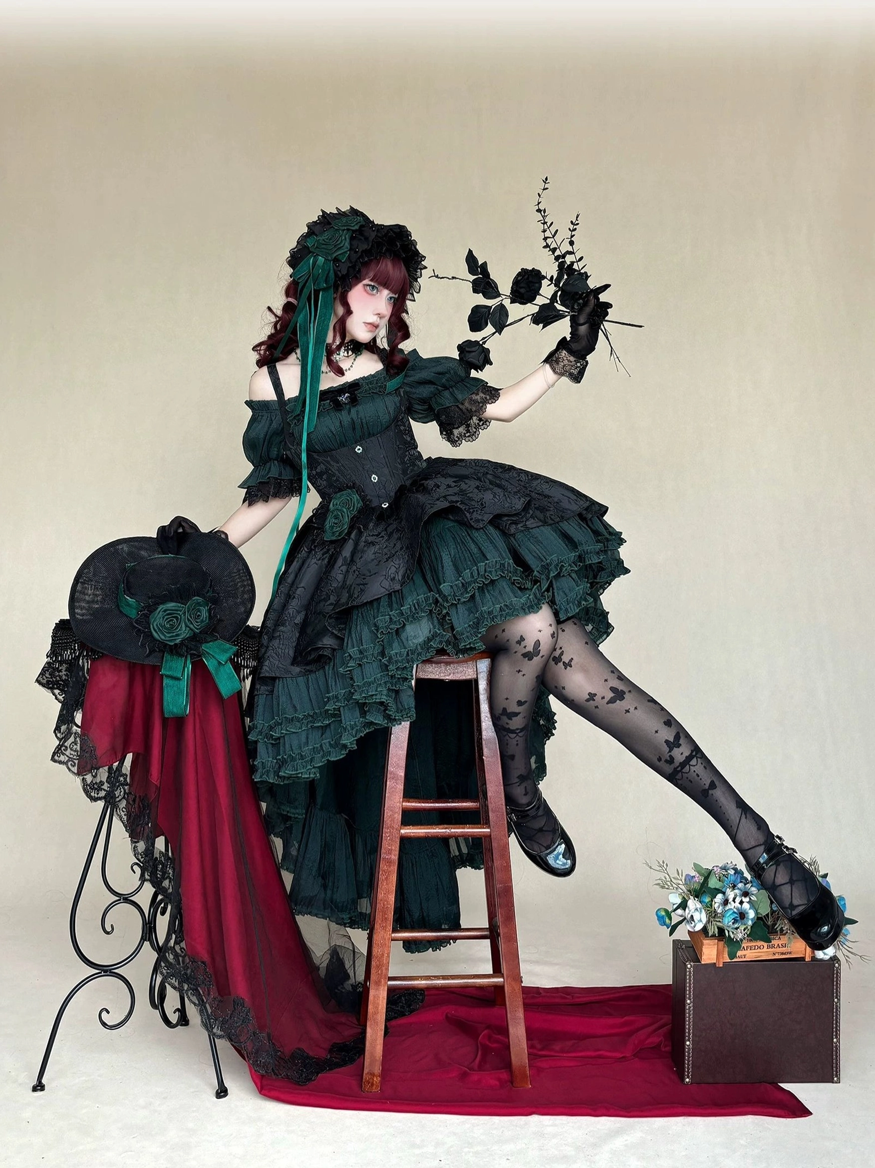Inner top fabric variations for Gothic Lolita JSK dress showing different textures and finishes in blue red green purple and pink colorways
