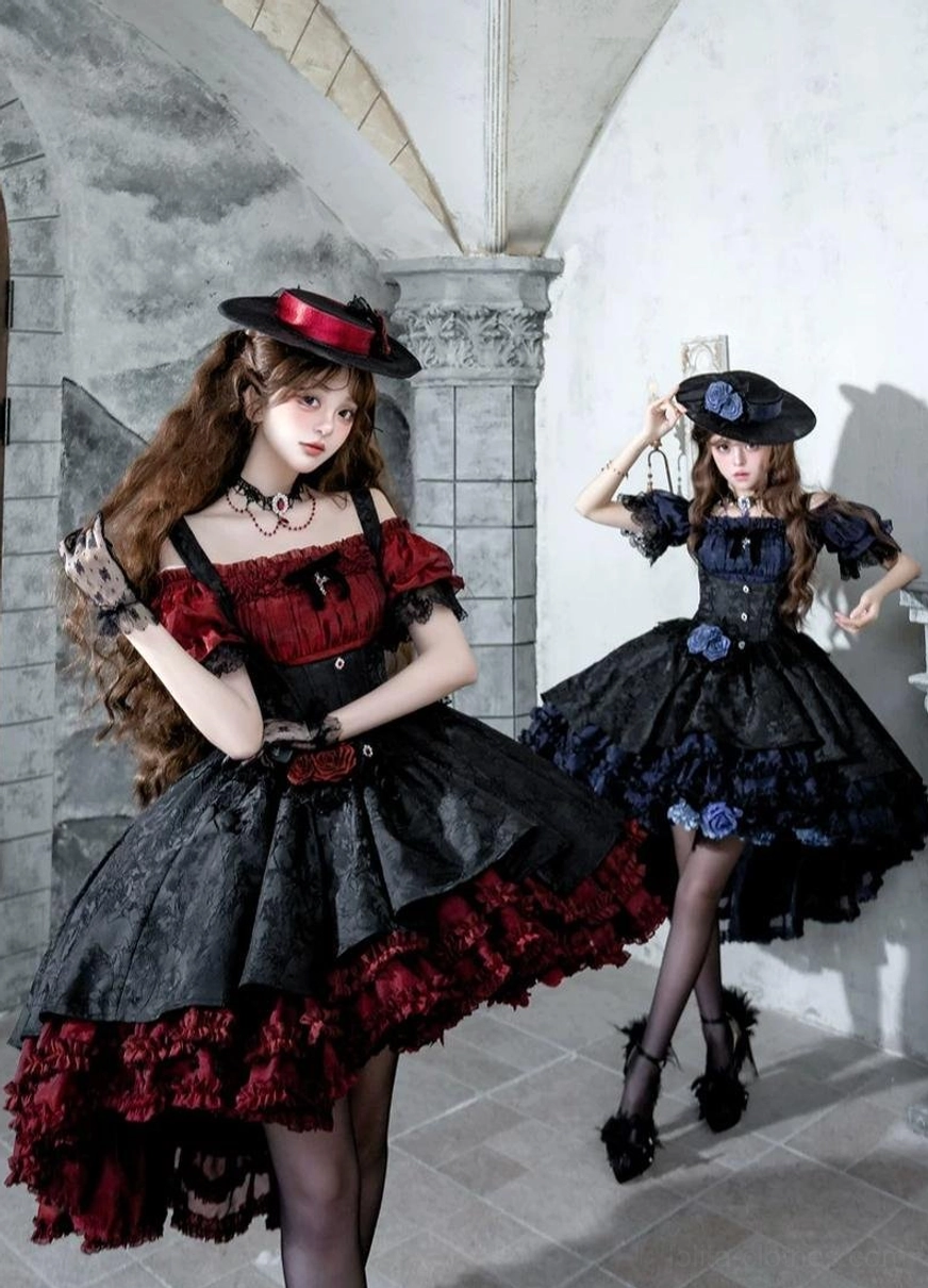 Matching off-shoulder inner top for Gothic Lolita JSK dress showing hime-sleeve design and fabric draping options in multiple color variants