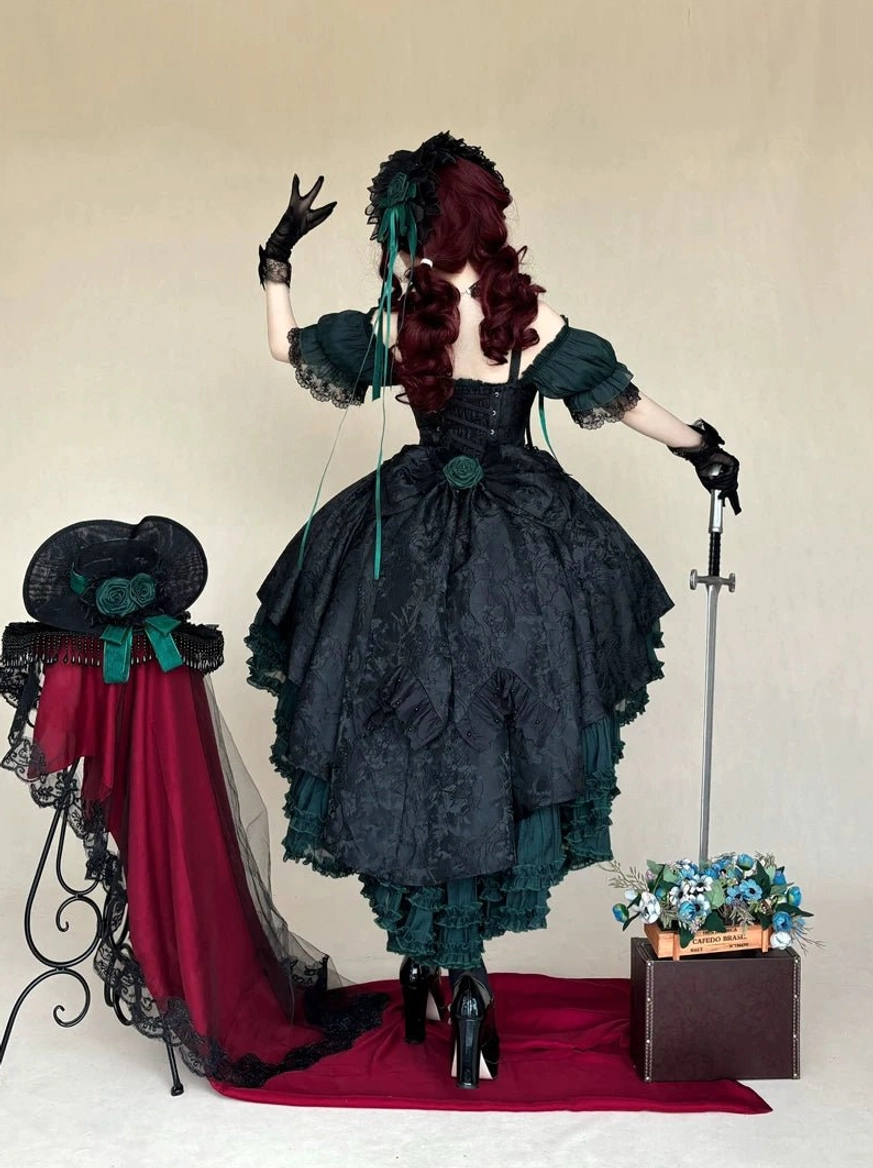 Gothic Lolita JSK dress sizing guide and measurements for all available sizes S M L XL with elastic underbust and waist specifications