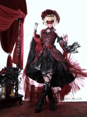 Rose Blood black red gothic lolita JSK court dress full-body front view with detachable lace sleeves and rose jacquard pattern