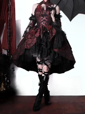 Black red gothic lolita jumper skirt dress with layered ruffled high-low hem and cold shoulder lace trim front perspective