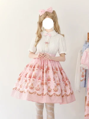 Rose bunny white blouse with printed lolita skirt coordinate set front full-body view
