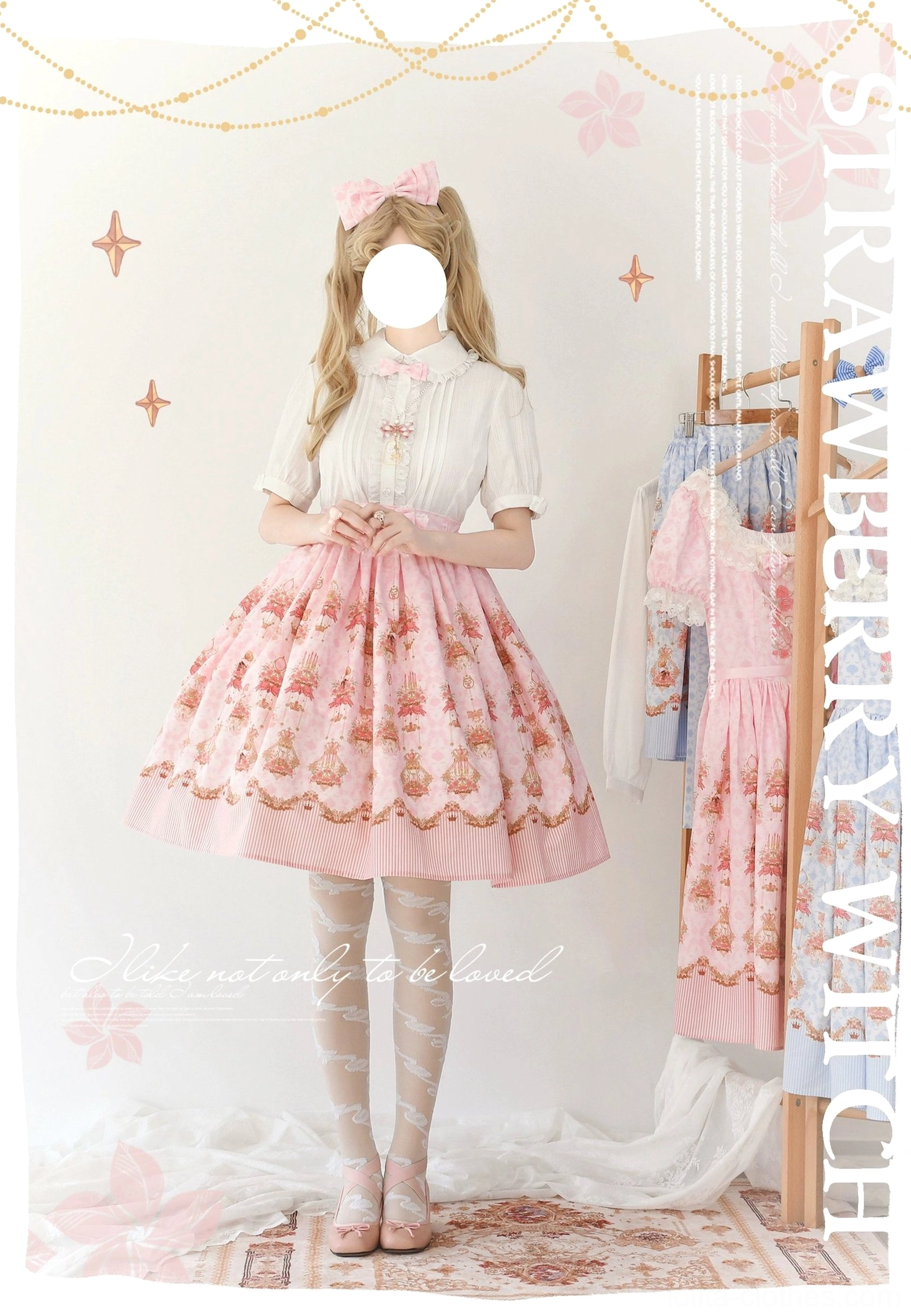 Rose bunny white blouse and printed skirt lolita coordinate set holding hem fullbody