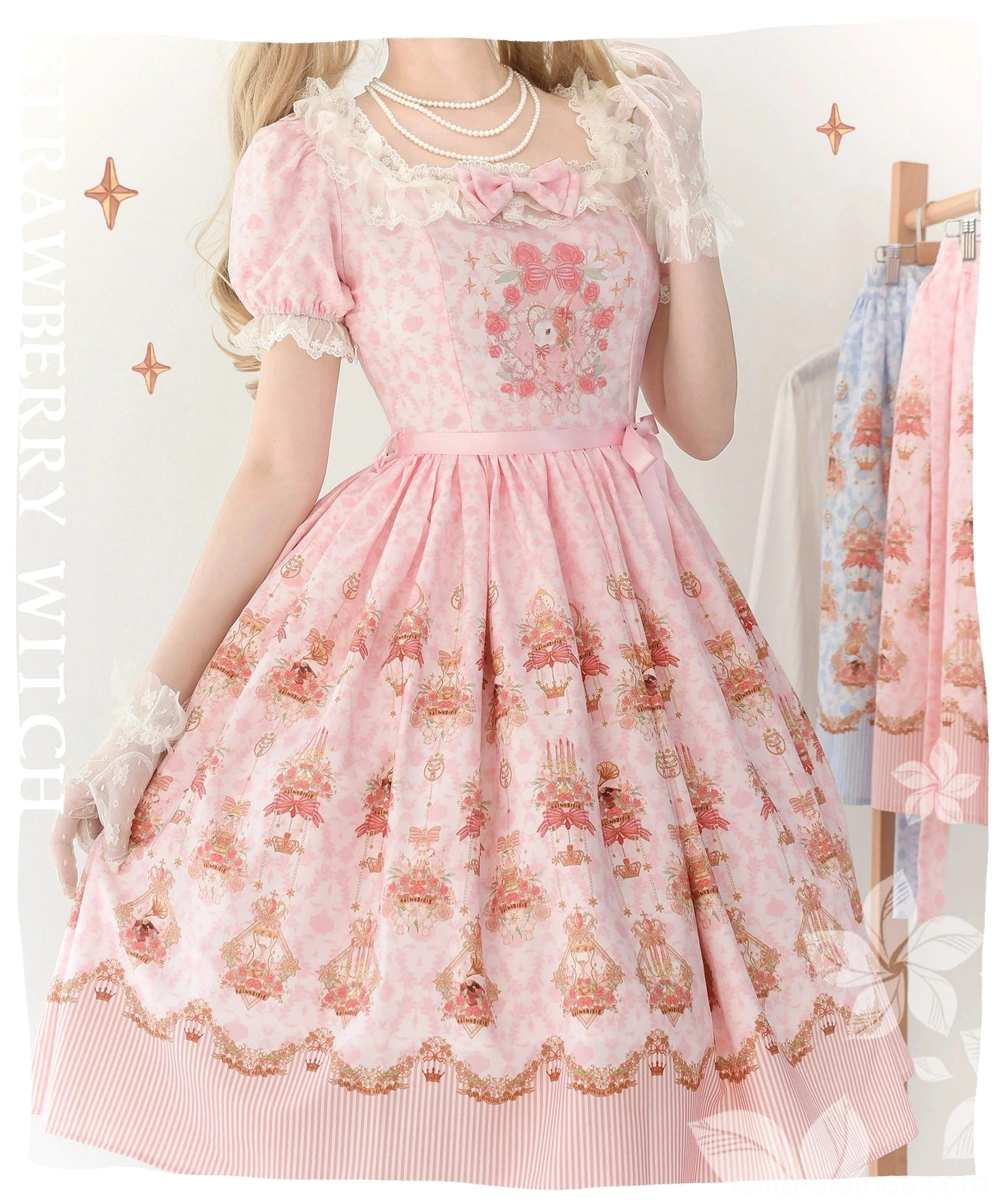 Rose bunny pink OP dress close-up lace collar chest print waist bow detail lolita