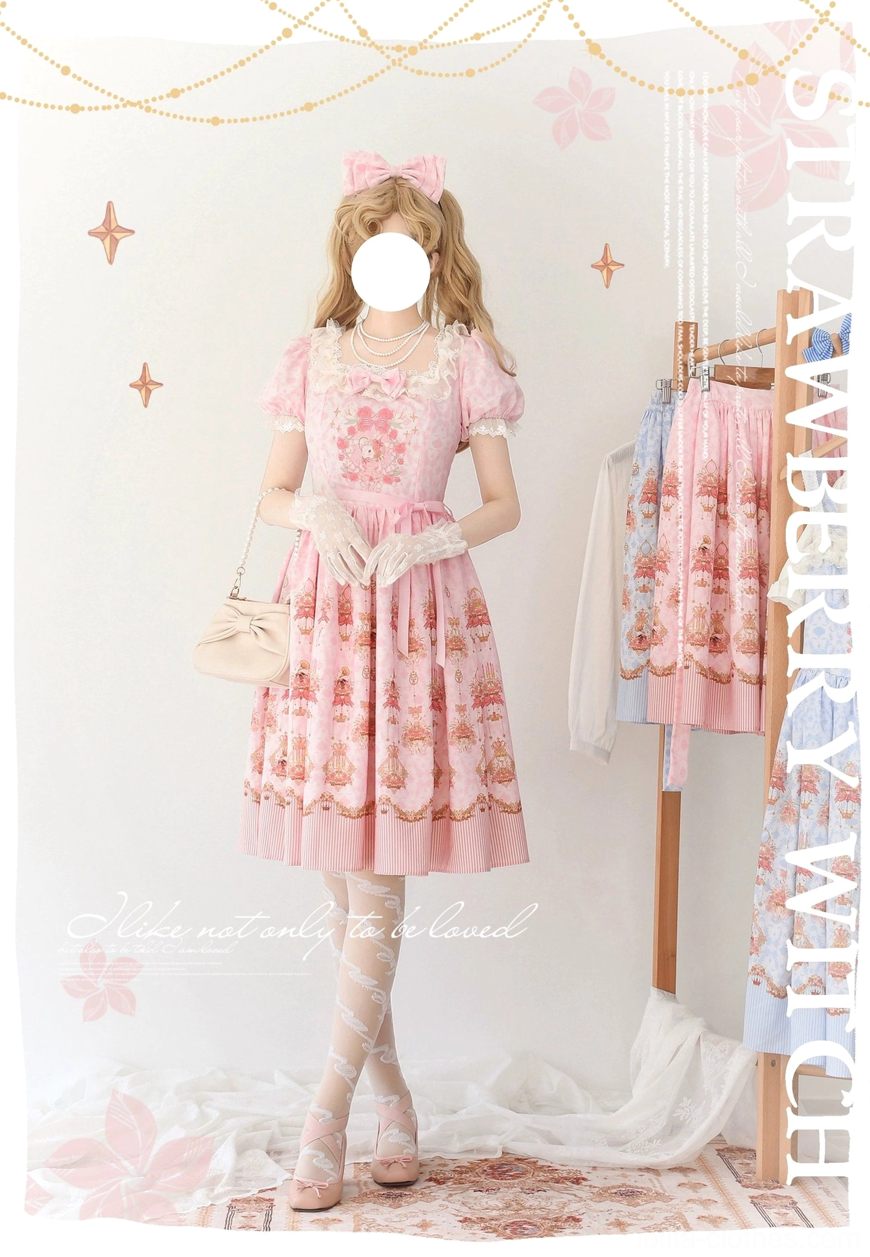 Rose bunny print pink lolita OP dress side view full-body with handbag accessory