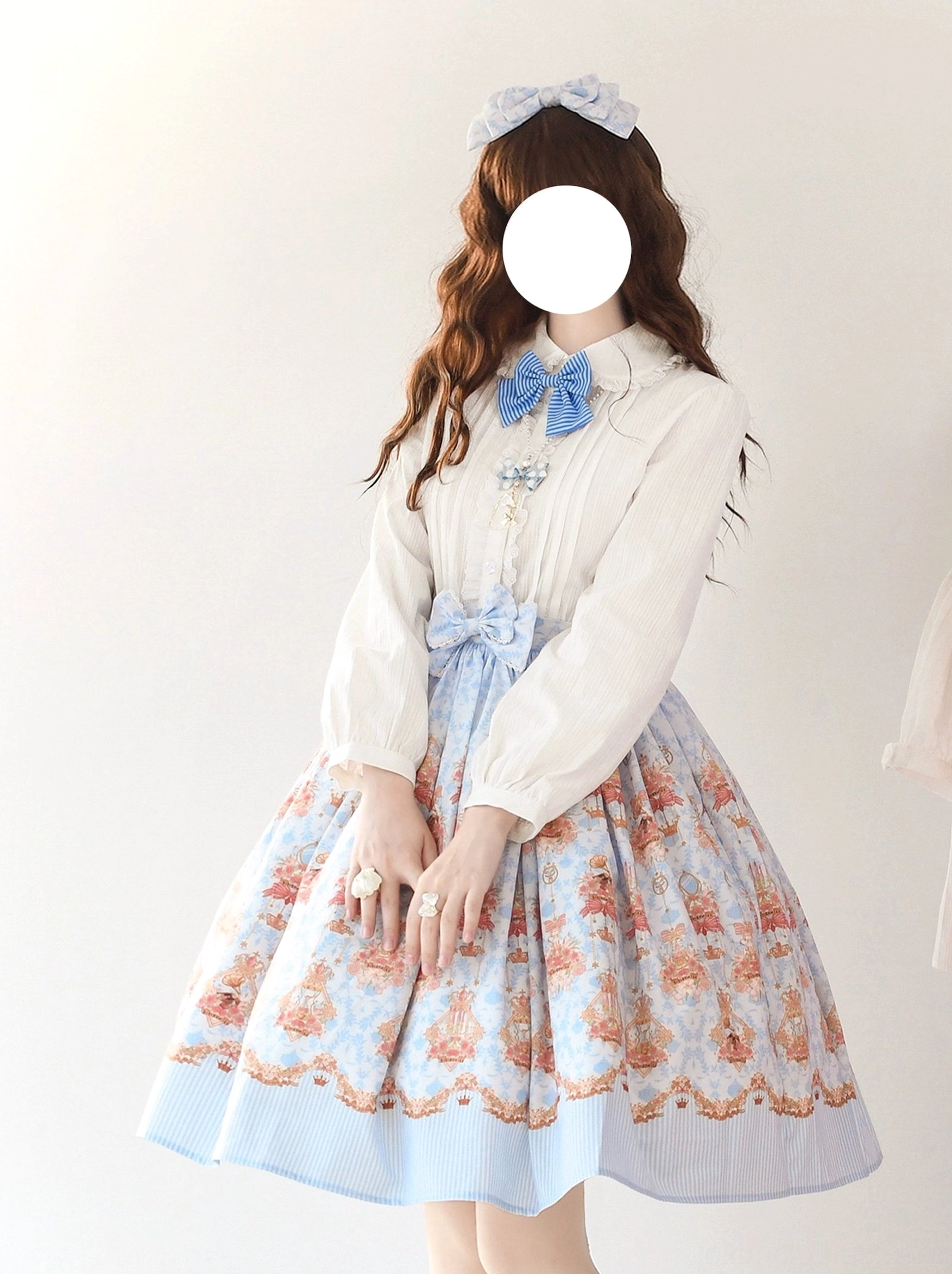 Rose bunny sky blue A-line skirt lolita crown bow prints hem detail fullbody