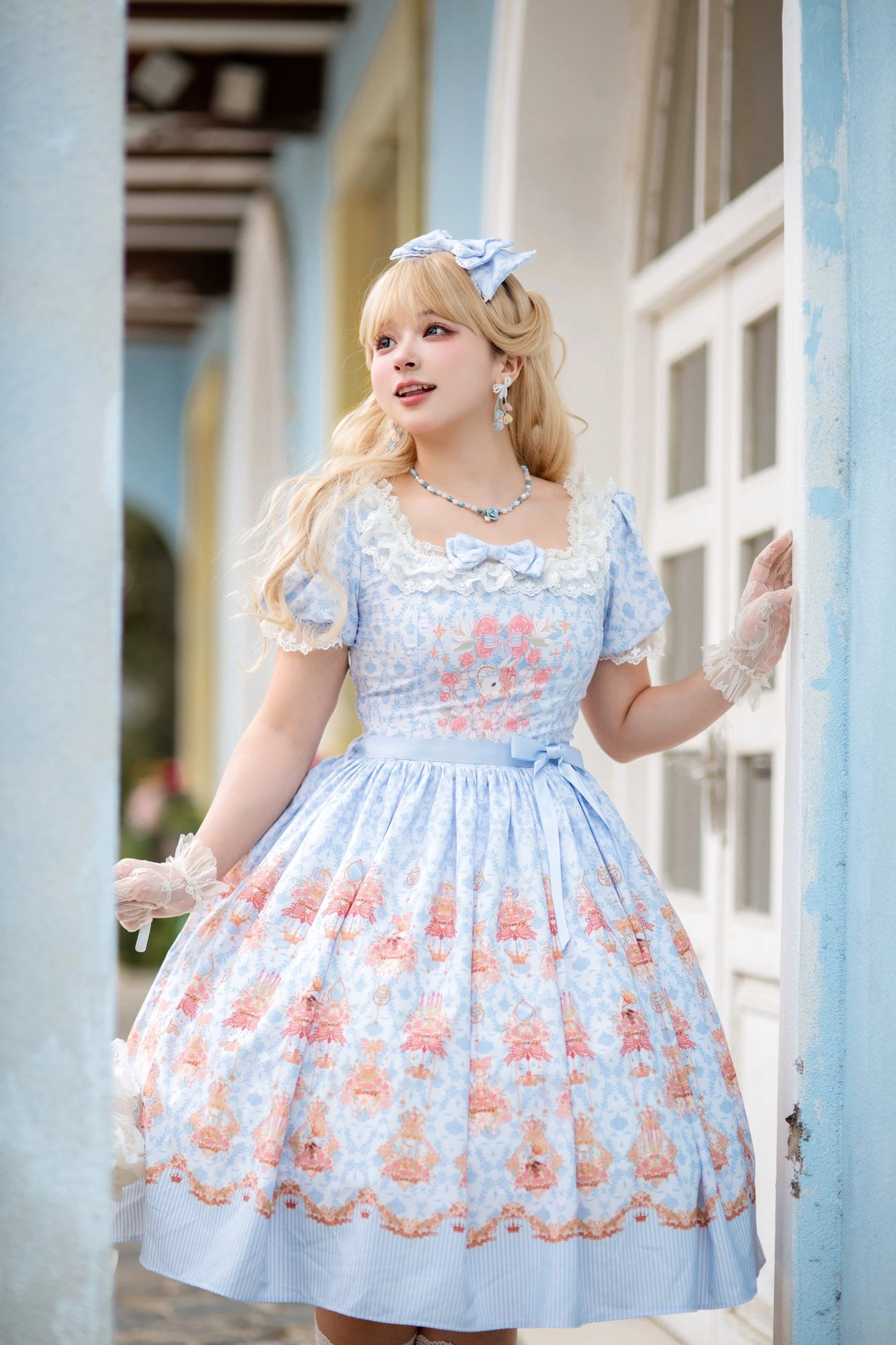 Rose bunny sky blue OP dress one-piece lolita puff sleeves print front view