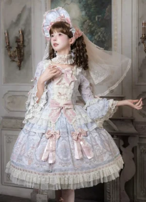 Classic Lolita OP dress with rose and perfume bottle print featuring layered ruffles, lace trims, and satin bows in pastel blue-pink tones