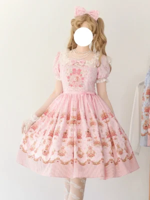 Rose garden bunny pink one-piece OP dress front view full-body sweet lolita fashion