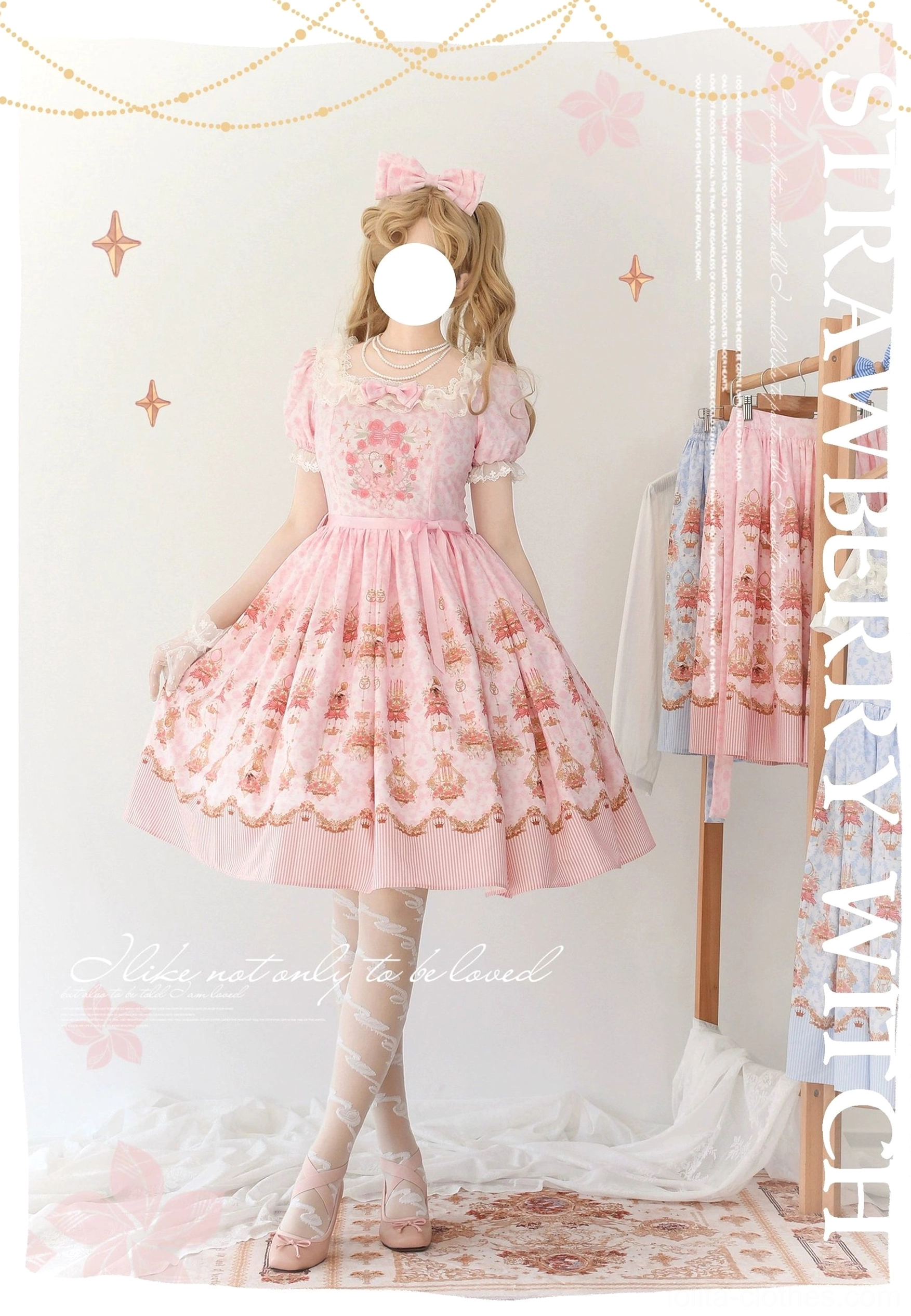 Rose garden bunny pink OP dress square neckline puff sleeves lolita fashion styling