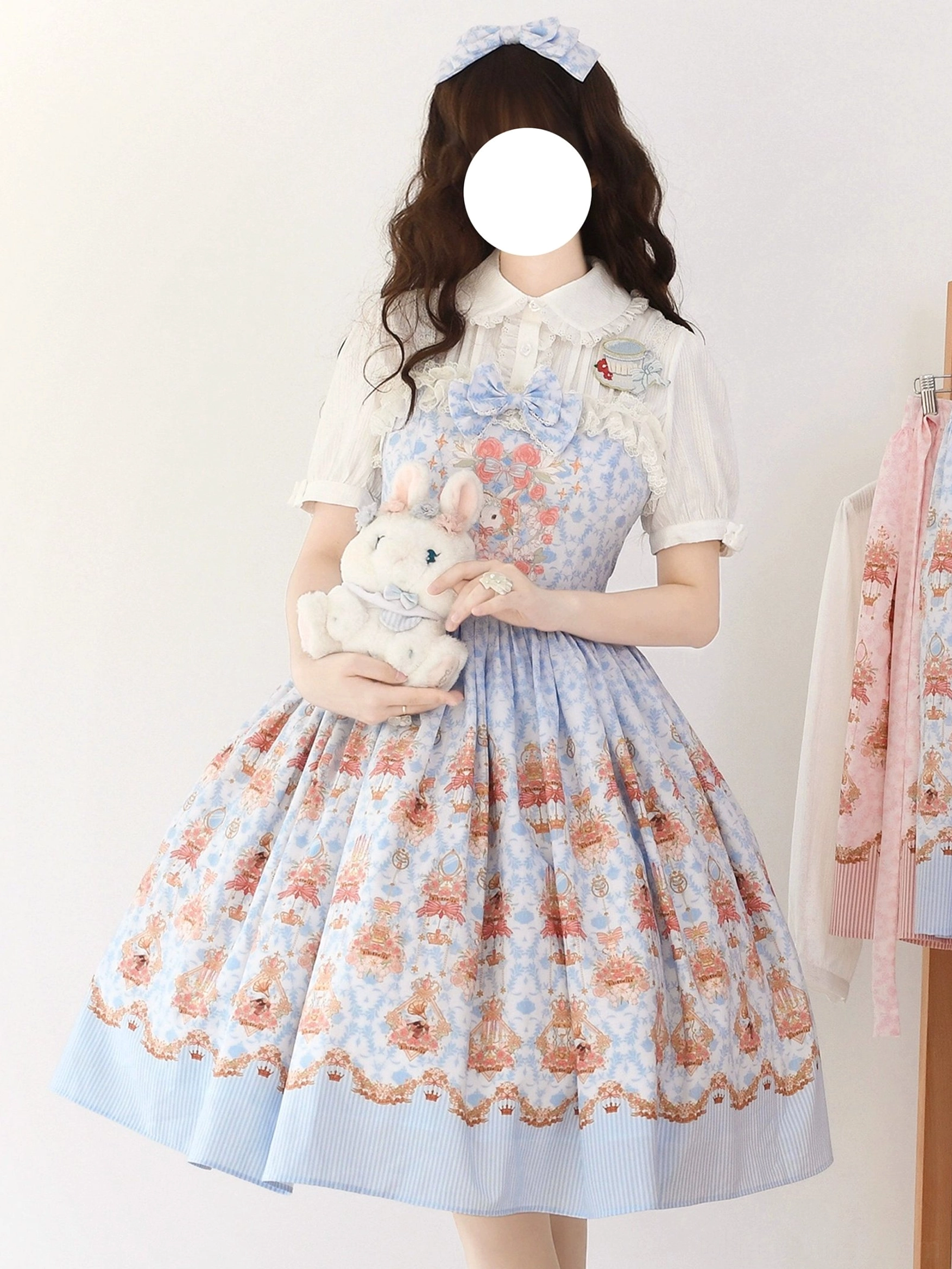 Rose garden bunny sky blue JSK jumper skirt lolita sleeveless square neckline