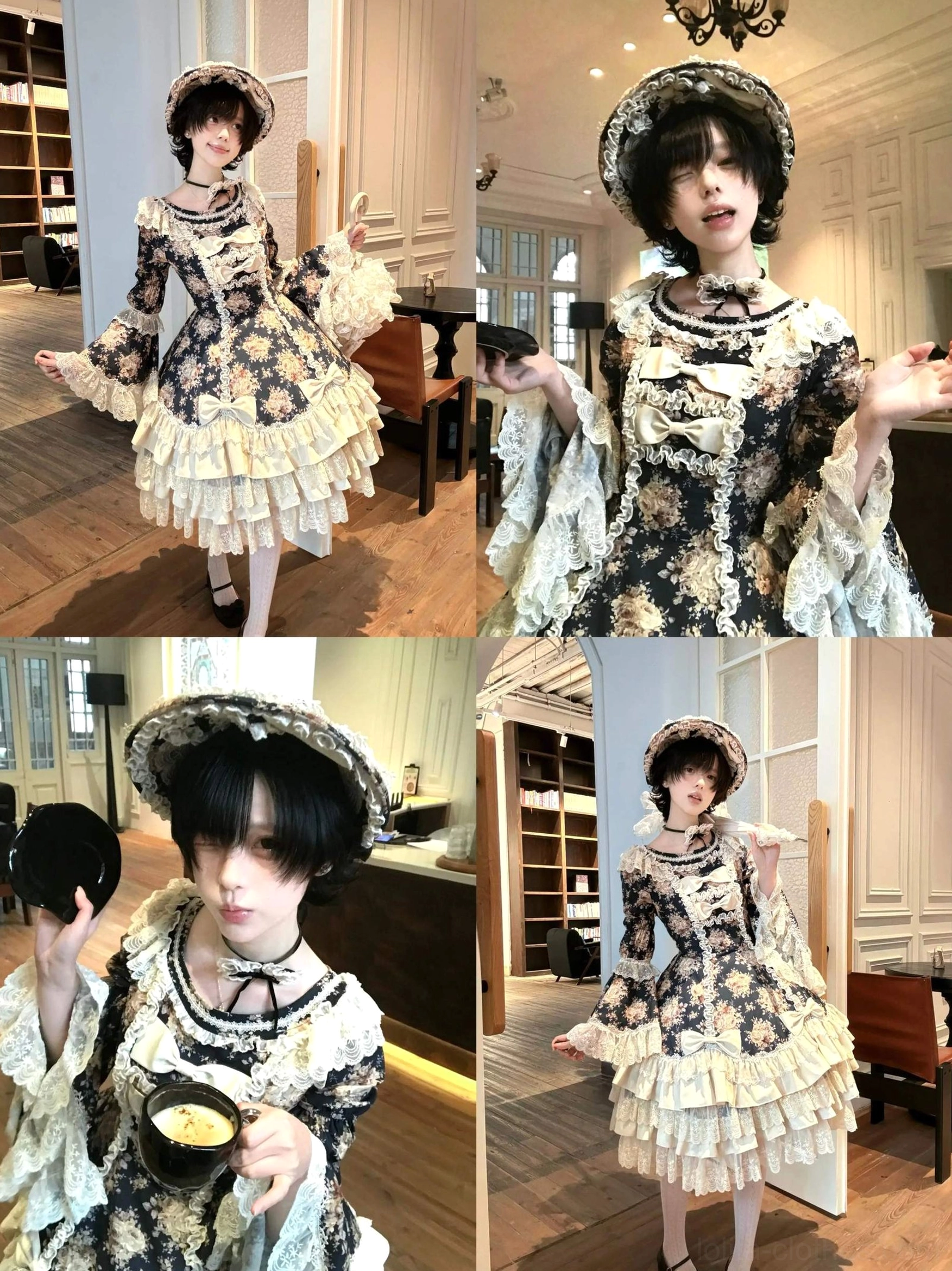 Rose garden Lolita choker accessory in navy and beige to complement the vintage OP dress coordinate