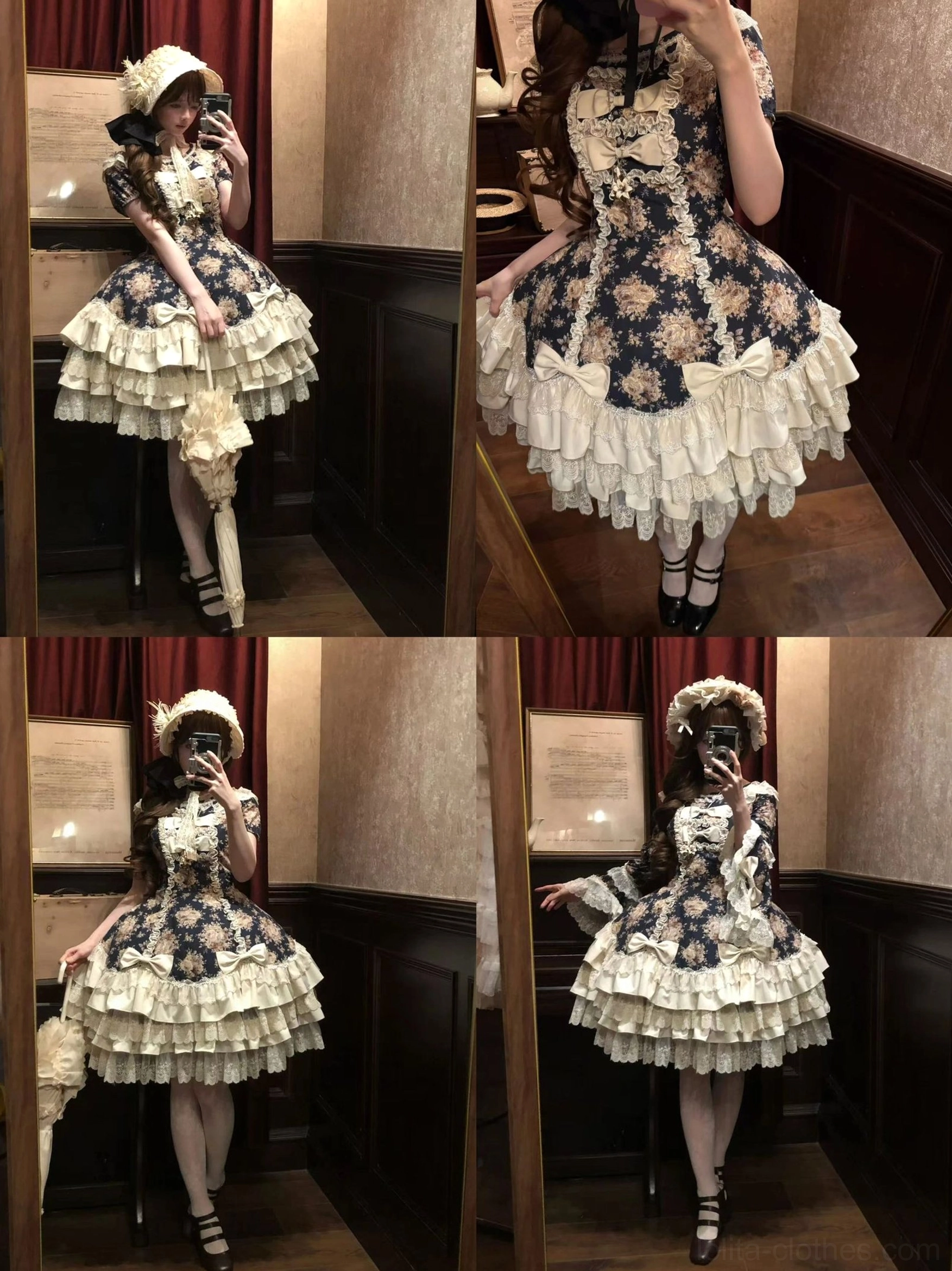 Vintage rose print Old School Lolita OP dress featuring adjustable back lace-up and waist tie for custom fit