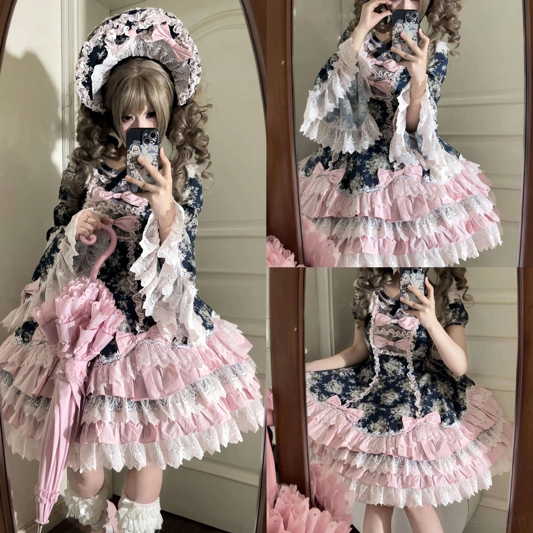 Layered cream ruffled skirt and lace details on vintage floral Lolita OP dress