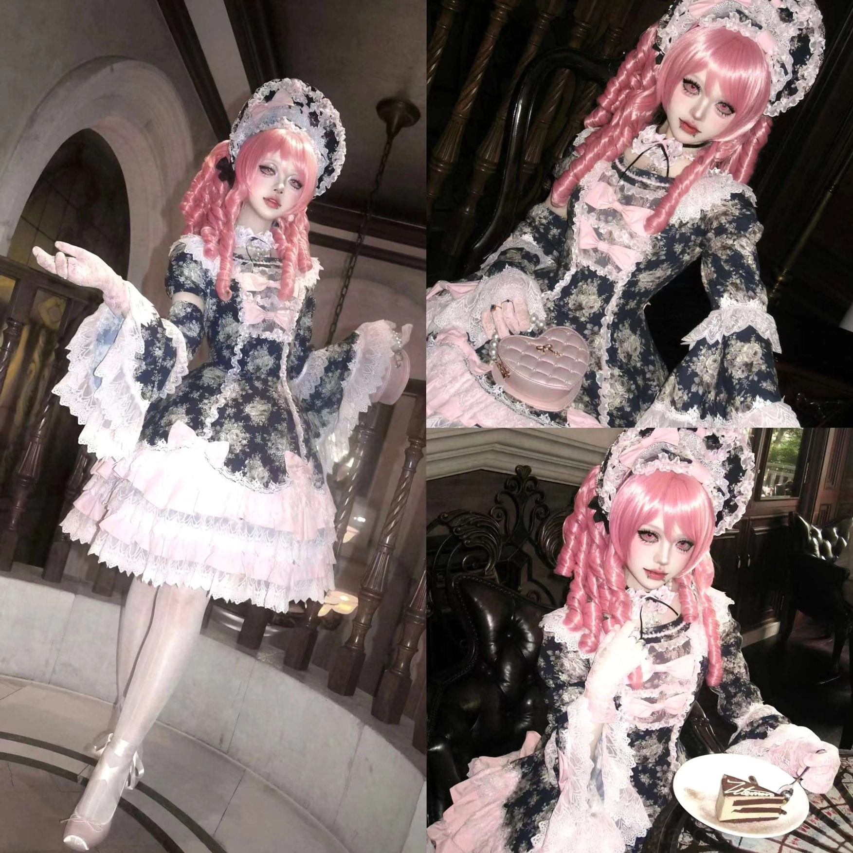 Navy and beige Old School Lolita OP dress with vintage rose print pattern and adjustable silhouette