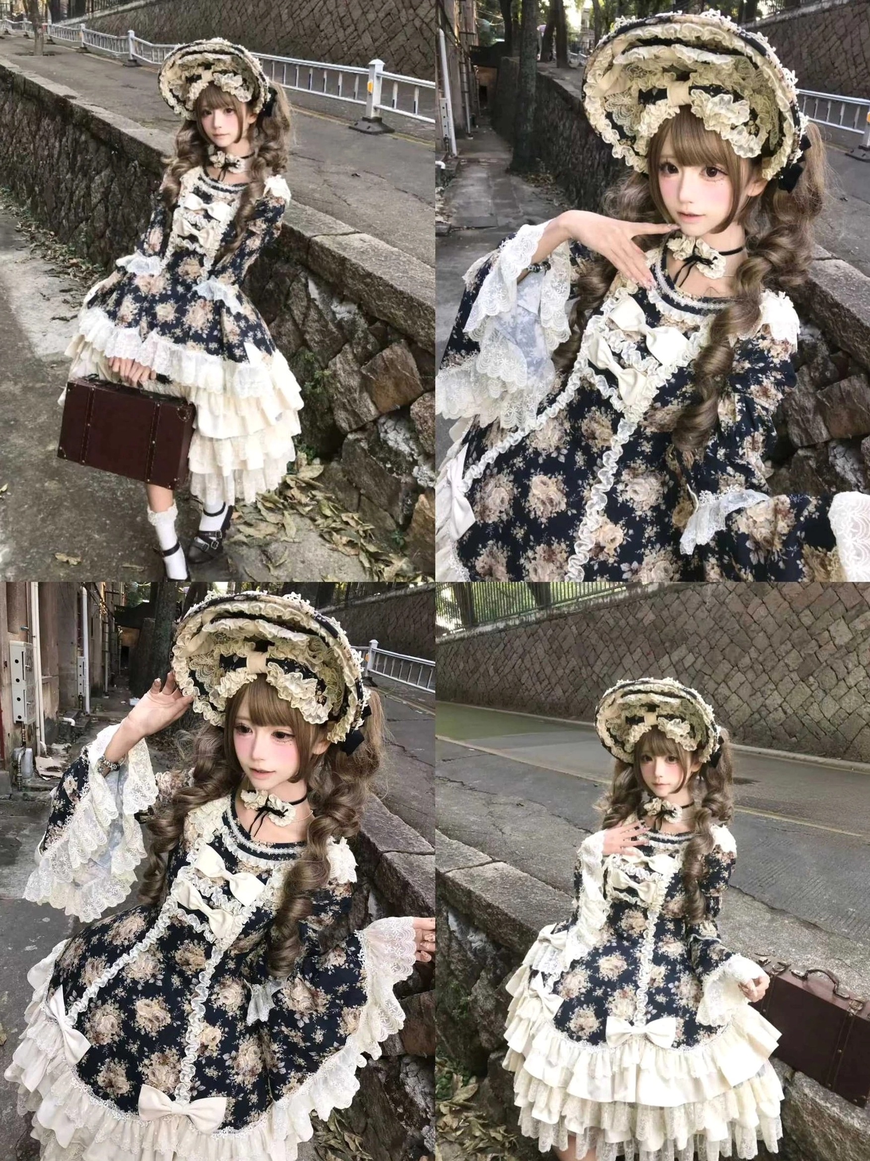 Rose garden old school Lolita OP dress with navy floral print and detachable sleeves option available