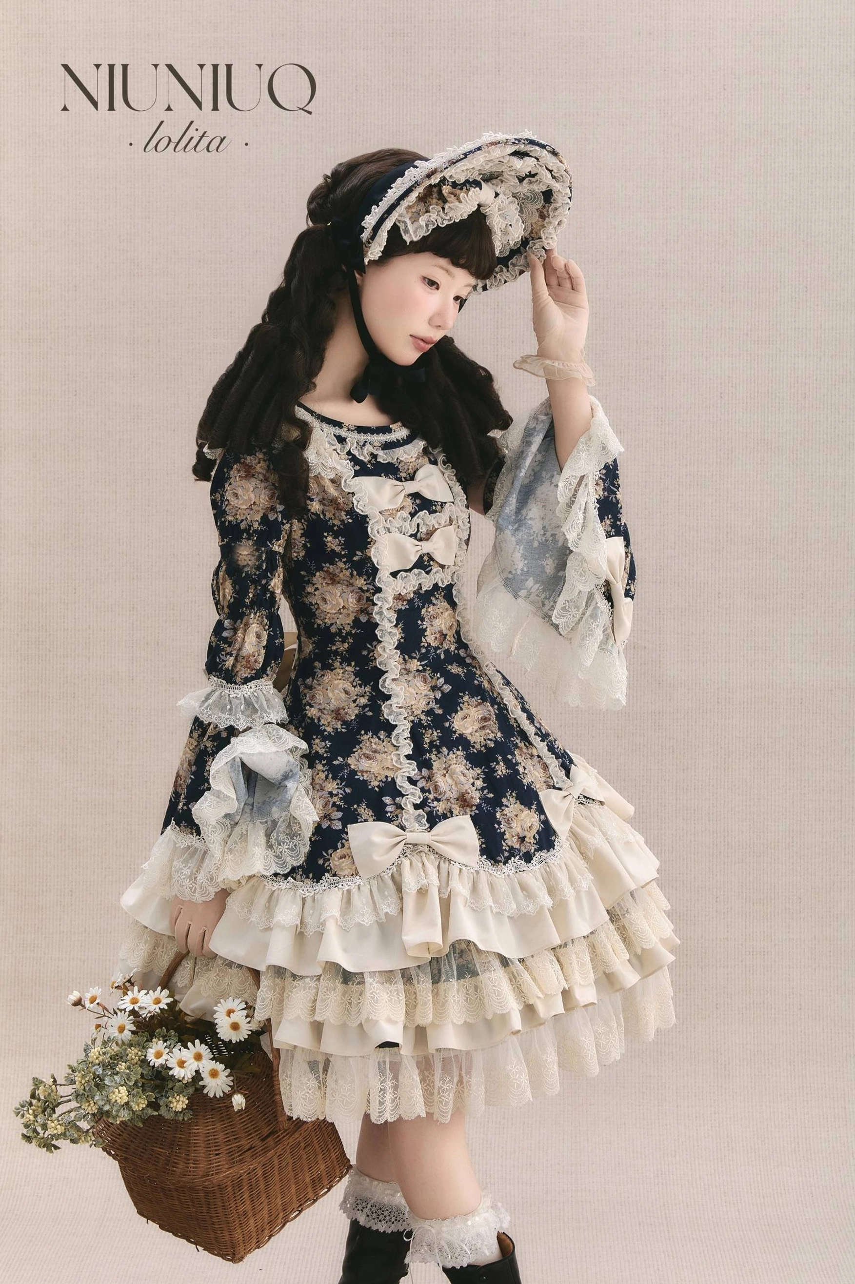 Three-quarter profile side view of Old School Lolita OP dress showing ruffled sleeve cuffs and back waist bow detail