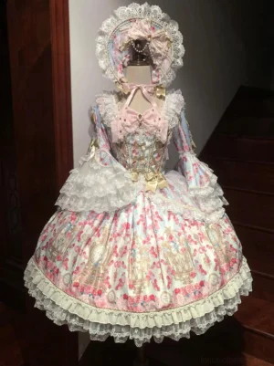 Blue Rose Garden Prelude Sweet Lolita OP dress with matching bonnet, full frontal view on dress mannequin, layered lace skirt hem, bust bow and ornate romantic floral printing