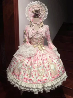 Pink Rose Garden Prelude Sweet Lolita OP dress with matching bonnet, full frontal view on dress form, vintage floral print, lace trims, front large bow, ruffled trumpet sleeves and golden decorative patterns