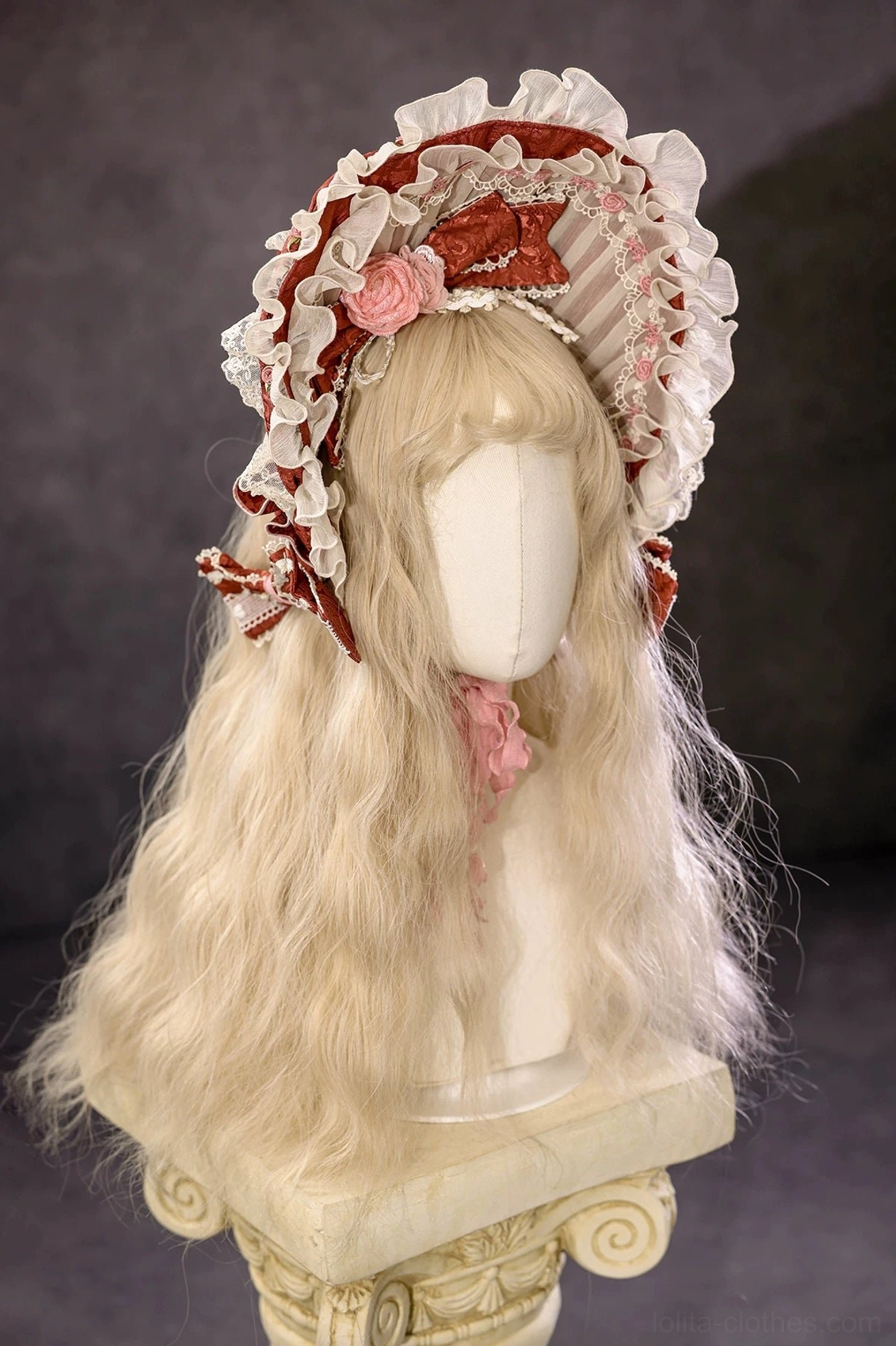 Rose Moonshadow Lolita BNT bonnet with Rococo-inspired ruffles, delicate lace, and pink fabric rose decoration