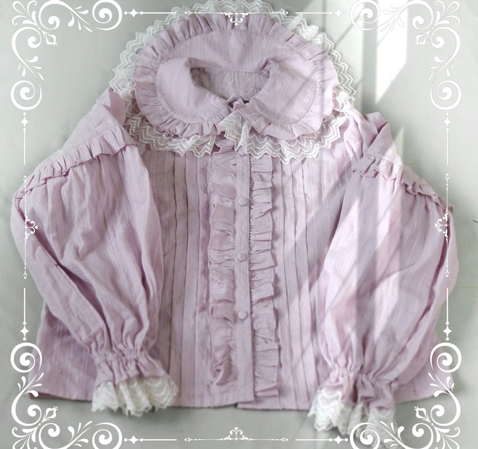 Rose Pink Lolita Long-Sleeve Blouse Romantic Sweet Style Ruffled Collar Bishop Sleeves Pastel