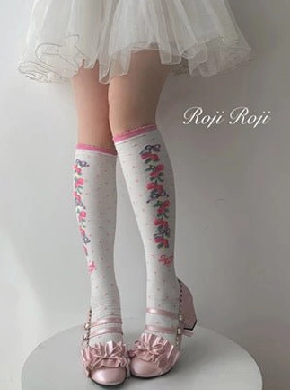 rose pink sweet lolita calf-length knee-high cotton socks soft pink tone delicate flower-patterned upper edge romantic design