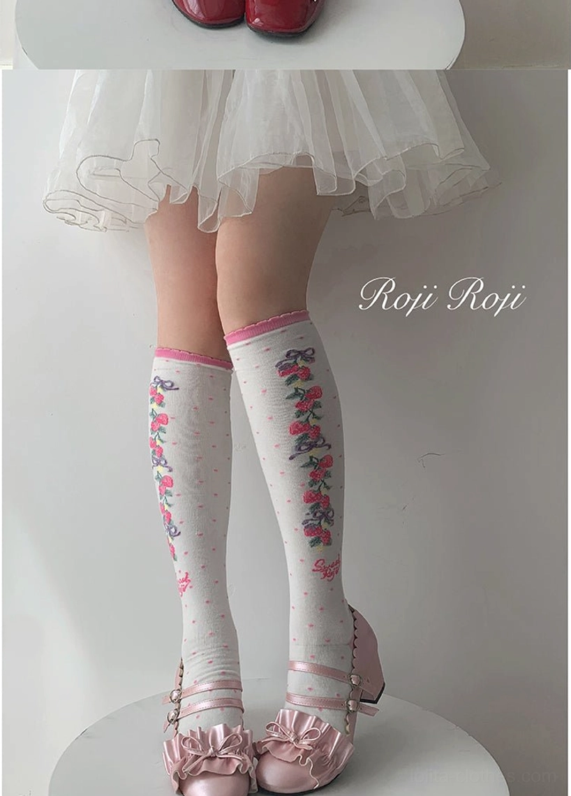 rose pink sweet lolita knee-high cotton socks with rose and ribbon prints light pink cuff trim pink mary jane shoes round display stand