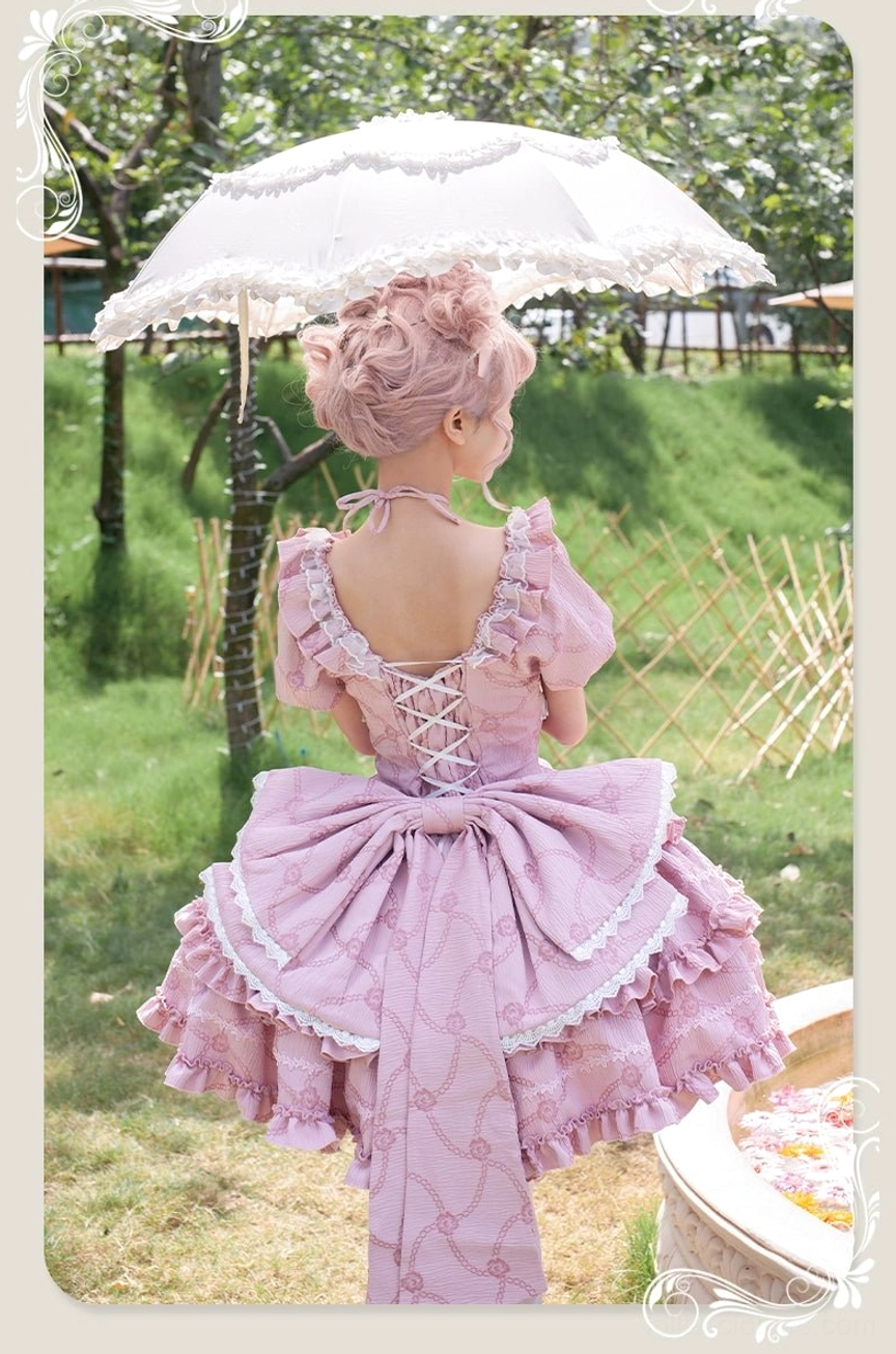 Back view rose pink sweet lolita OP dress oversized detachable bow lace-up back closure outdoor garden lawn