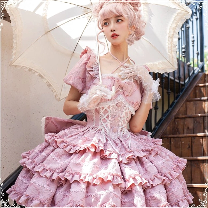 Close-up detail rose pink sweet lolita dress front corset bodice lace trim crossover straps jacquard fabric