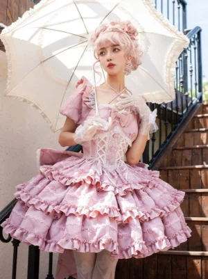 Sweet lolita OP princess dress three-quarter front view rose pink color detachable halter neckline outdoor garden setting with parasol