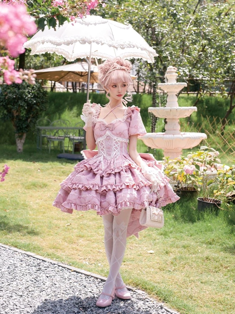 Full front body view puff rose sweet lolita princess one-piece dress garden fountain background layered ruffle skirt
