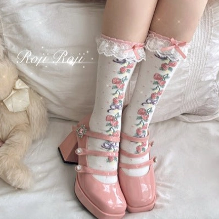 rose pink sweet lolita over-the-knee thigh-high cotton socks romantic soft tone feminine lolita hosiery coordinate foundation