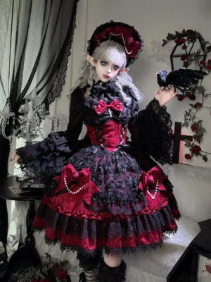 Rose Princess Gothic Lolita JSK dress featuring 3D rose accents, layered ruffled lace skirt, sheer black mesh sleeves, paired with matching gothic bonnet headdress on model with elf ears