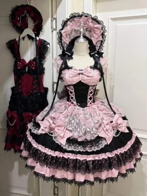 Multiple Rose Princess Gothic Lolita JSK dress styles displayed on mannequins showing wine red and pink colorway variations with matching layered lace skirts and corset bodices indoors