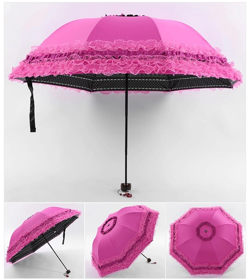 Rose red dandelion printed sun parasol in oblique side view with flat lay styling featuring fashion magazine, showcasing botanical prints and scalloped lace edging