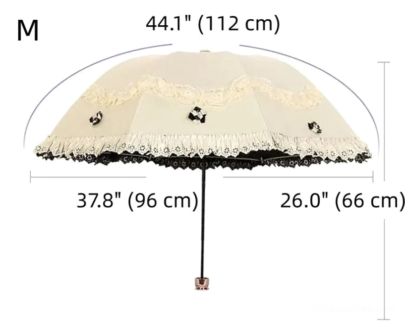 Rose red foldable lolita parasol with ornate embroidery and decorative lace detailing, shown from side perspective highlighting romantic aesthetic
