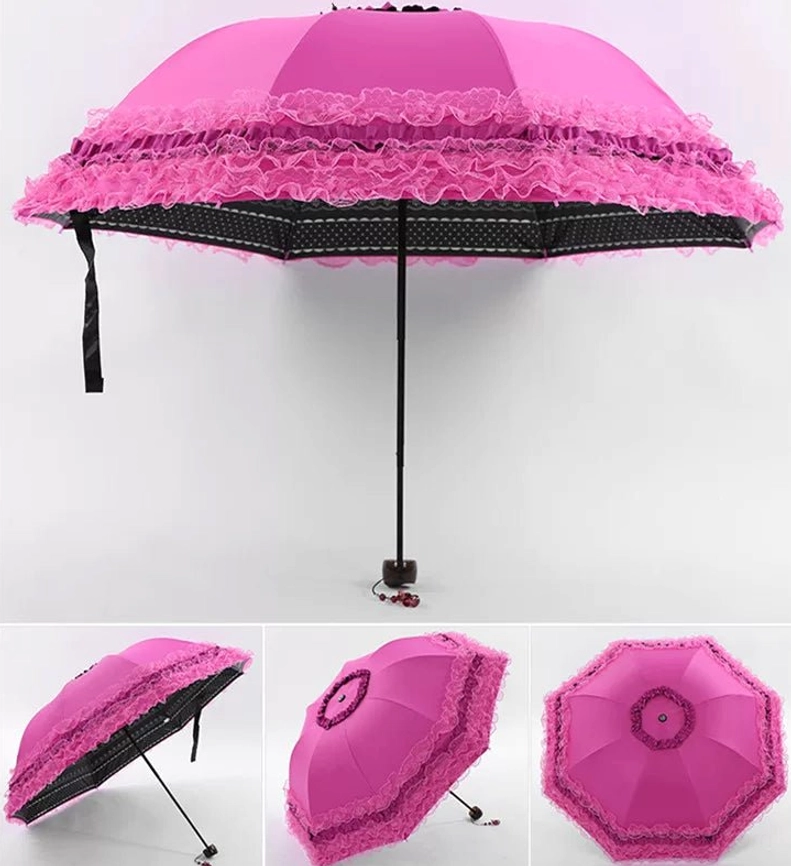 Rose red version C foldable lolita parasol featuring elegant ruffled lace edges and romantic aesthetic, lightweight portable construction with metal accents