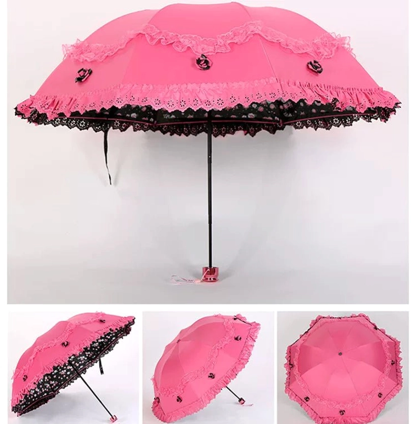 Rose red version M foldable lolita parasol with three-dimensional floral embroidery and burgundy leaf accents, featuring refined lace trim