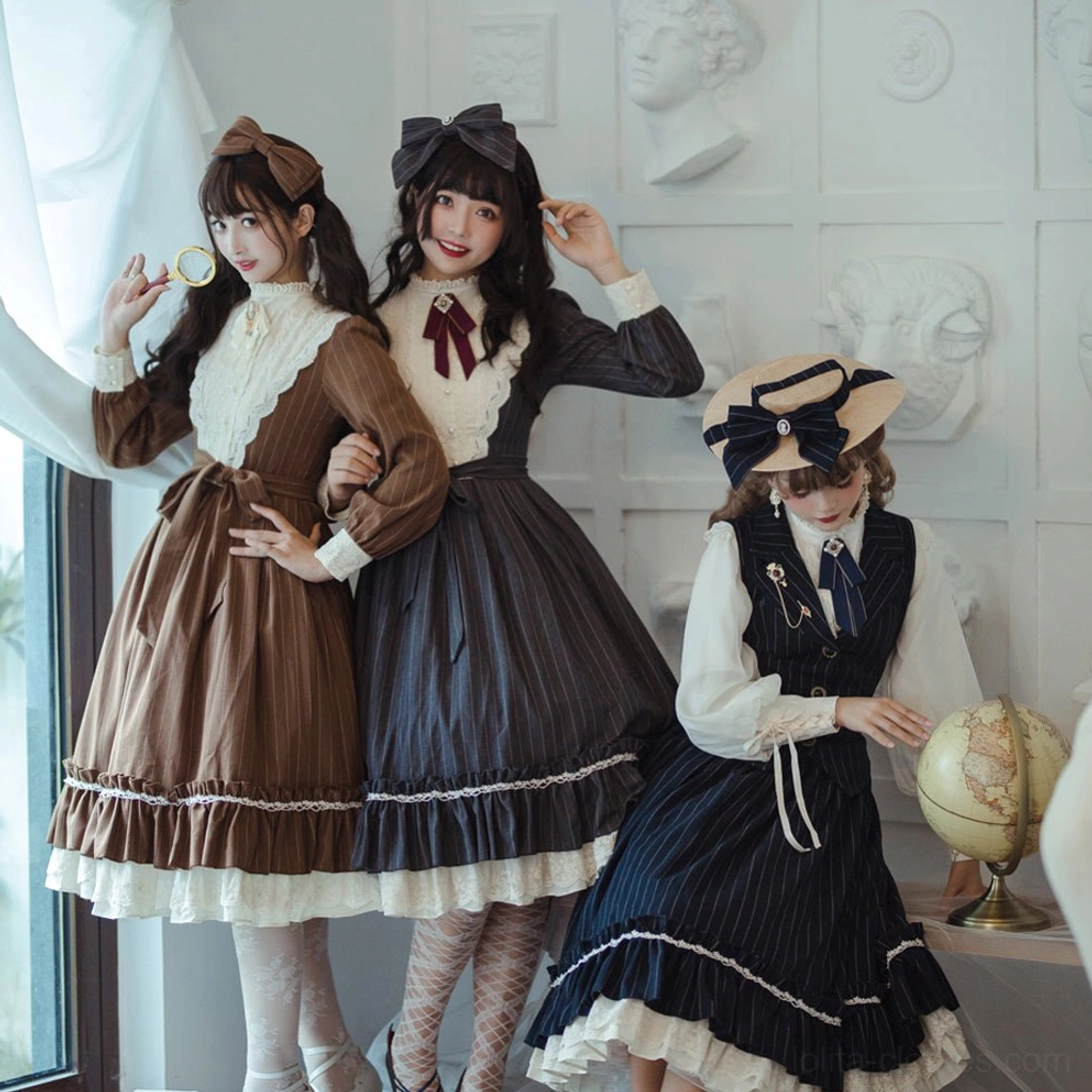 Multiple Classic Lolita OP dresses group indoor portrait featuring brown striped styles and navy pinstriped vest dress options, models wearing coordinating hair accessories and bows