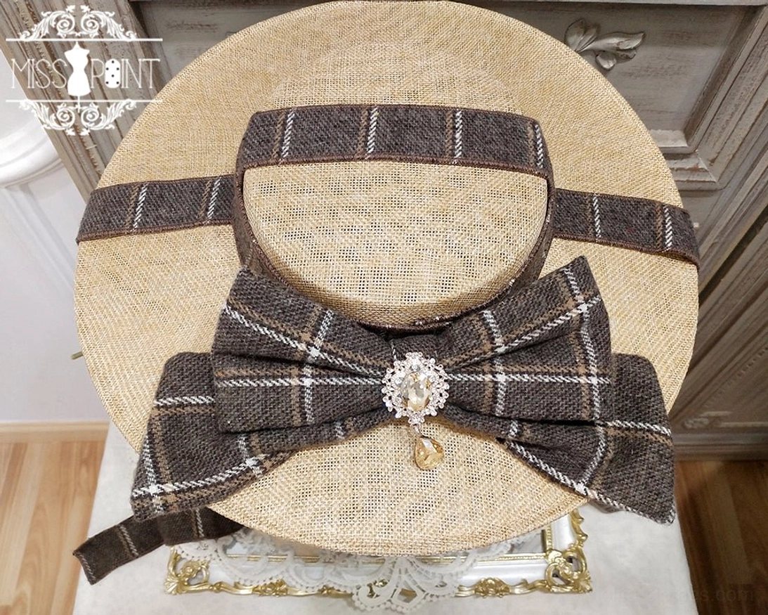 Classic lolita flat hat headdress with plaid pattern coordination, styled with matching lolita dress ensemble in complete outfit presentation